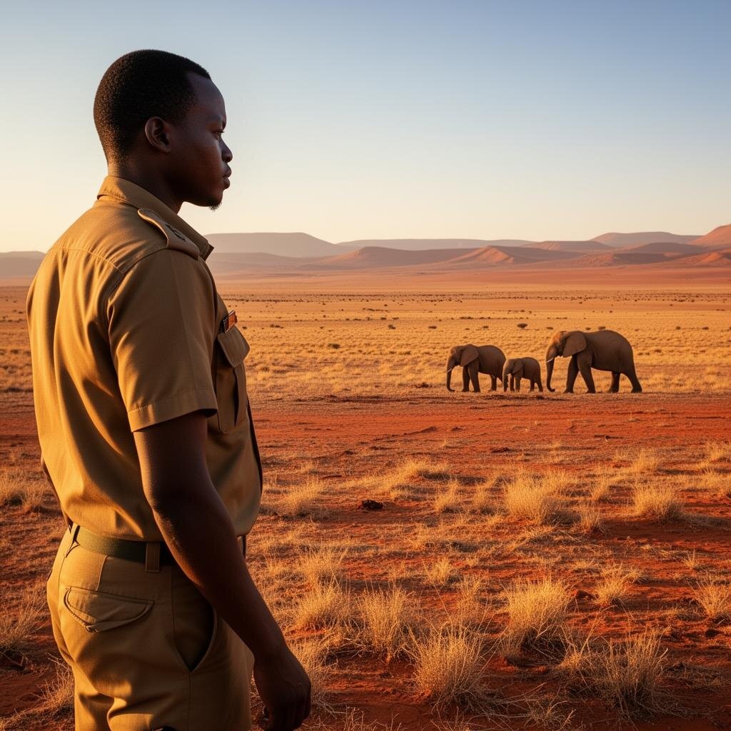Community conservancy ranger overlooking desert-adapted elephants in Namibia