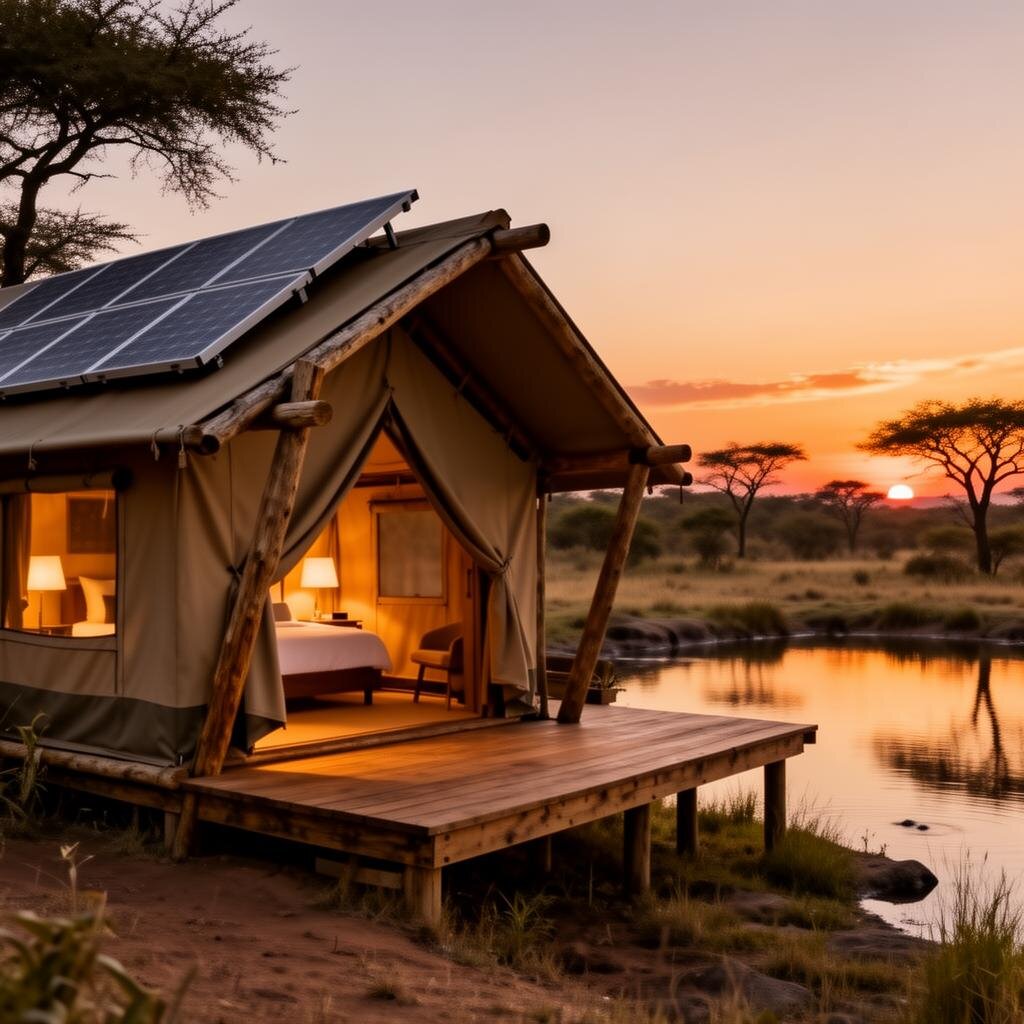 Solar-powered tented eco-lodge overlooking a waterhole at sunset